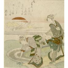 魚屋北渓: Two Women and Boy on Bridge over Stream, Edo period, circa 1815 - ハーバード大学