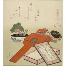 Katsushika Hokusai: Tobacco Pouch with a Shell-Shaped Ornament (Netsuke), a Box of Sweets from Takasagoya, and a Pot of Plant/The Salt Shell (Shiogai), from the series Shell-Matching Game with Genroku Poets (Genroku kasen kai-awase), with a poem by Toshigaki no Maharu, Edo period, datable to 1821 - Harvard Art Museum