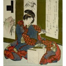 屋島岳亭: Woman Holding a Tortoise-shaped Paperweight/ Paperweight (Bunchin), from the series Seven Designs for the Katsushika Circle (Katsushika shichiban tsuzuki), with poems by Bunritsuen _koto and Bunsaien Fudemaru, Edo period, circa 1826 - ハーバード大学