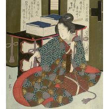 Yashima Gakutei: Woman Pulling the Wheeled Writing Table (Fuguruma) Rope, from the series Seven Designs for the Katsushika Circle (Katsushika shichiban tsuzuki), with poems by Bunkôsha Funazumi and Bunchôsha Hanahito (or Hanando), Edo period, circa 1826 - Harvard Art Museum