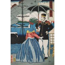 Utagawa Yoshitora: Returning Sails at the Wharves (Hatoba no kihan), from the series Eight Views of Yokohama in Bushû (Bushû Yokohama hakkei no uchi), published by Yamadaya Shôjirô, Late Edo period, first month of 1861 - Harvard Art Museum