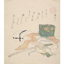 Kubo Shunman: Auspicious Day for Travel (Tabidachi yoshi) with Sword, Scarf, Hat and Boxes, from the series Ise Calendar for the Asakusa Group (Asakusa-gawa Ise goyomi), with poem by Asakusa-an Buntsu, Edo period, circa 1813-1817 - Harvard Art Museum
