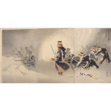 Kobayashi Kiyochika: Triptych: Despite the Snow the Japanese Army Perseveres to Hold Their Strong Position at Wei-hai-wei (Yuki o okashite waga gun Ikaiei no kenrui o nuku zu), Meiji period, dated 1895 - Harvard Art Museum