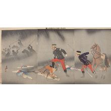 小林清親: Triptych: Captain Asakawa Scouts the Battle and Fights Bravely (Sekkô Asakawa Kiheitaii Funsen no zu), Meiji period, dated 1895 - ハーバード大学