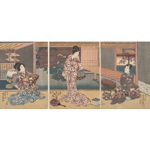 Japanischer Druck "Triptych: Scene from "Rustic Genji" (Inaka Genji), Late Edo period, circa 1847-1852" von Utagawa Kunisada, 歌川国貞 (Utagawa Kunisada)