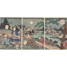 Utagawa Kunisada: Triptych: Moonviewing at Genji's Country Villa (Genji bessô no tsuki), Late Edo period, 19th century - Harvard Art Museum