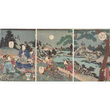 Japanischer Druck "Triptych: Moonviewing at Genji's Country Villa (Genji bessô no tsuki), Late Edo period, 19th century" von Utagawa Kunisada, 歌川国貞 (Utagawa Kunisada)