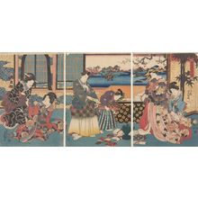 Utagawa Kunisada: Triptych: Abundant New Year Congratulations of the House of Spring Colors (Shunshoku-ya kata no kotobuki), Late Edo period, circa 1847-1852 - Harvard Art Museum