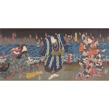歌川国貞: Triptych: Scene from Kabuki Theatre: Shower of Flames, Late Edo period, circa 1857-1862 - ハーバード大学