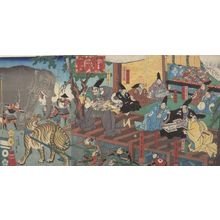 Utagawa Toyokuni I: Triptych: Kiyomasa Ryôjû o Ikedorite Denka no Jinchû ni Hikashimu (Ehon Taikôku: maki chû) - Harvard Art Museum