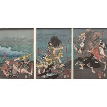 歌川国芳: Triptych: The Capture of Kidomaru by Minamoto no Raikô (Minamoto no Yorimitsu; Kidômaru), Late Edo period, 19th century - ハーバード大学