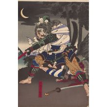 Tsukioka Yoshitoshi: Okuko Hikozaemon Protects the Tokugawa Shogun from the Spear of Goro Matabei Mototsugu, from the series 