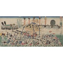 Utagawa Yoshitora: Triptych: A throng of coolies surround a large norimon and scramble for coins - Harvard Art Museum
