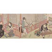歌川国貞: Triptych: Women by Verandah (Harusame no kei) - ハーバード大学
