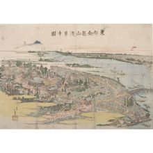魚屋北渓: Aerial View of Asakusa Temple and the Sumida River at Sunrise (Toto Kinryuzan Asakusa-dera no zu), Edo period, circa 1820 - ハーバード大学