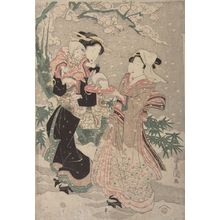 歌川豊重: Two Women and Child in a Snowy Garden, Late Edo period, circa 1820s - ハーバード大学