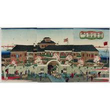 無款: Triptych: Brick Building in Yokohama, Meiji period, late 19th century - ハーバード大学