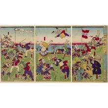 芳藤: Triptych: Battle Between Japanese and Western Products, Meiji period, circa 1883 - ハーバード大学