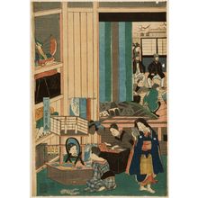 歌川芳員: Foreigners Enjoying Children's Kabuki at the Gankirô Tea House (Yokohama Gankirô kodomo te odori no zu), published by Maruya Jimpachi, Late Edo period, first month of 1861 - ハーバード大学