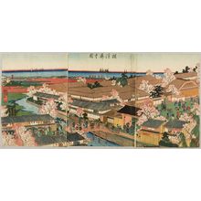 Utagawa Kuniyoshi: Triptych: View of the Pleasure Quarters of Yokohama (Yokohama kuruwa no zu), Late Edo period, fourth month of 1860 - Harvard Art Museum