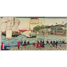 三代目歌川広重: Triptych: Foreigners Watching Ships Depart of California, published by Tsujiokaya Kamekichi, Meiji period, fifth month of 1870 - ハーバード大学