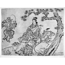 菱川師宣: Four of the Seven Gods of Good Fortune (Shichifukujin): Benzaiten, Bishamonten, Jurôjin, and Dancing Fukurokuju, Early Edo period, circa 1670 - ハーバード大学