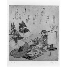 Katsushika Hokusai: Two Women Making Rice Candy at New Years/The Board Roof Shell (Itayagai), from the series Shell-Matching Game with Genroku Poets (Genroku kasen kai-awase), Edo period, datable to 1821 - Harvard Art Museum