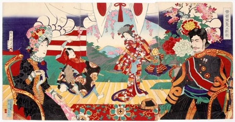 豊原周延: Emperor and Empress at Kabuki - ホノルル美術館