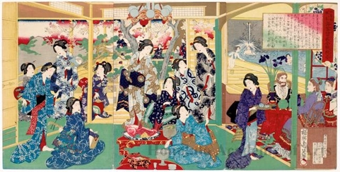 Toyohara Chikanobu: Ikaho Spa, Foreigners at a Festive Meal with a Bath House in the Background - Honolulu Museum of Art