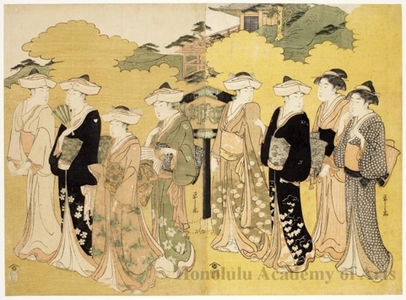 細田栄之: Eight Ladies Visiting A Shrine (descriptive title) - ホノルル美術館