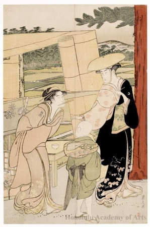 細田栄之: Woman Holding a Tobacco Pipe with Attendants (descriptive title) - ホノルル美術館