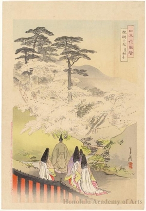 尾形月耕: Cherry Blossom Trees at Daigo: Toyotomi Hideyoshi - ホノルル美術館