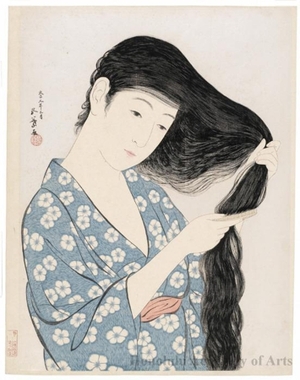 橋口五葉: Woman Combing Her Hair - ホノルル美術館