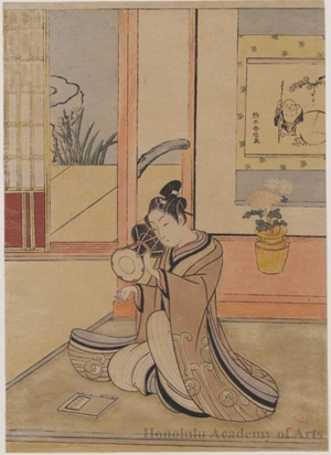 Suzuki Harunobu: Man with Drum, Seated in Front of Tokonoma (Descriptive title) - Honolulu Museum of Art