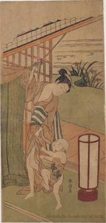 Suzuki Harunobu: Mother and Child Putting Up a Mosquito Net - Honolulu Museum of Art