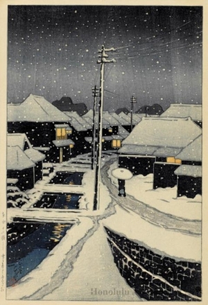 川瀬巴水: Evening Snow at Terajima Village - ホノルル美術館