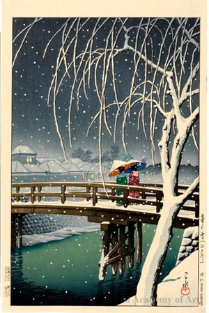 川瀬巴水: Evening Snow at Edo River - ホノルル美術館
