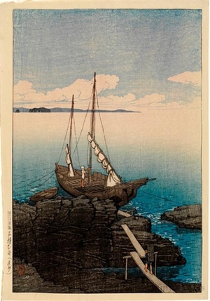 川瀬巴水: A Boat Laden with Masonry, Böshü - ホノルル美術館