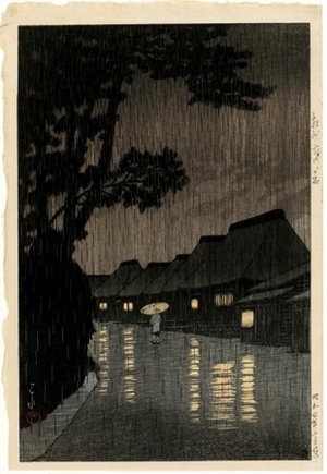 川瀬巴水: Rain in Maekawa, Söshü - ホノルル美術館