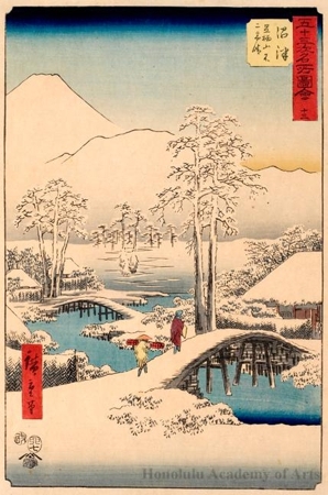 歌川広重: Mt. Fuji and Mt. Ashigara from Numazu in Clear Weather after a Snowfall (Station #13) - ホノルル美術館