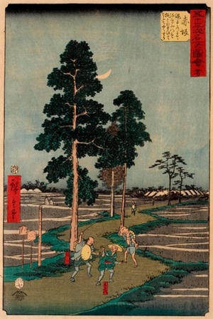 Utagawa Hiroshige: Yaji Mistakes Kitahachi for a Fox and Beats Him on the Nawate Road near Akasaka (station #37) - Honolulu Museum of Art