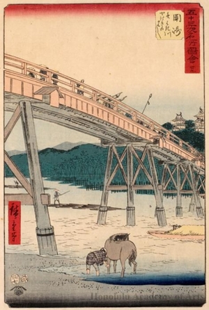 Utagawa Hiroshige: Yanagi Bridge on the Yanagi River near Okazaki (Station #39) - Honolulu Museum of Art