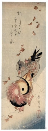 Utagawa Hiroshige: Mandarin Ducks on an Icy Pond with Brown Leaves Falling - Honolulu Museum of Art