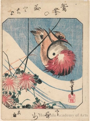 Utagawa Hiroshige: Two Mandarin Ducks and Chrysanthemums (Descriptive Title) - Honolulu Museum of Art