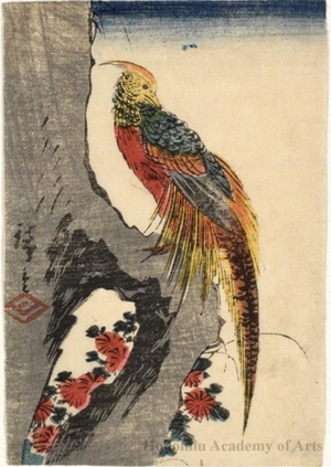 Utagawa Hiroshige: Pheasant on Grey Tree Trunk (Descriptive Title) - Honolulu Museum of Art