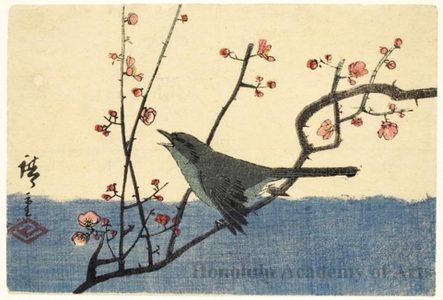Utagawa Hiroshige: Green Warbler on Pink Flowering Plum Branch - Honolulu Museum of Art