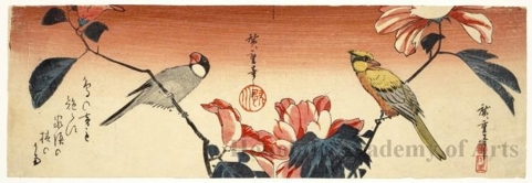Utagawa Hiroshige: Camelia and Paddybird (left), Hibiscus and Korean Nightingale (right) - Honolulu Museum of Art