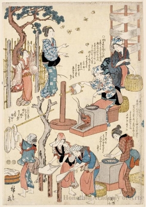 Utagawa Hiroshige: Women Silk Culture / Women Performing Tasks in Silk Cloth Production (Descriptive Title) - Honolulu Museum of Art