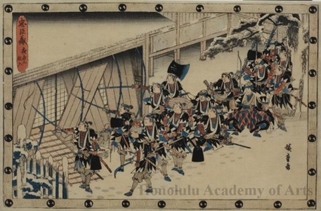 Utagawa Hiroshige: Act 11, Scene 2: Forcing Open the Shuters of Moronao's Castle - Honolulu Museum of Art
