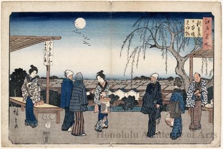 Utagawa Hiroshige: The “Looking Back” Willow on the Nihonzutsumi Embankment, Shin-yoshiwara - Honolulu Museum of Art